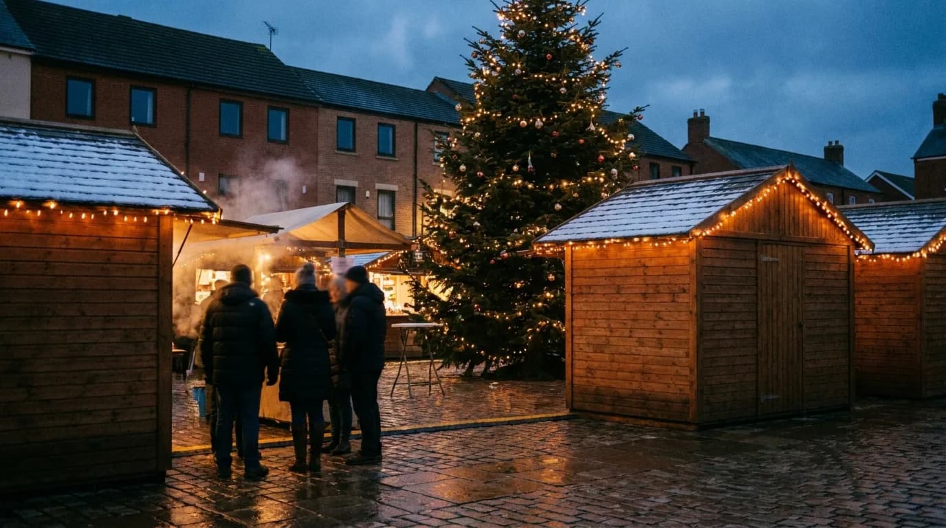Drei Holzhütten mit Lichterketten auf einem Platz in der Dämmerung, Tannenbaum, nasses Kopfsteinpflaster
