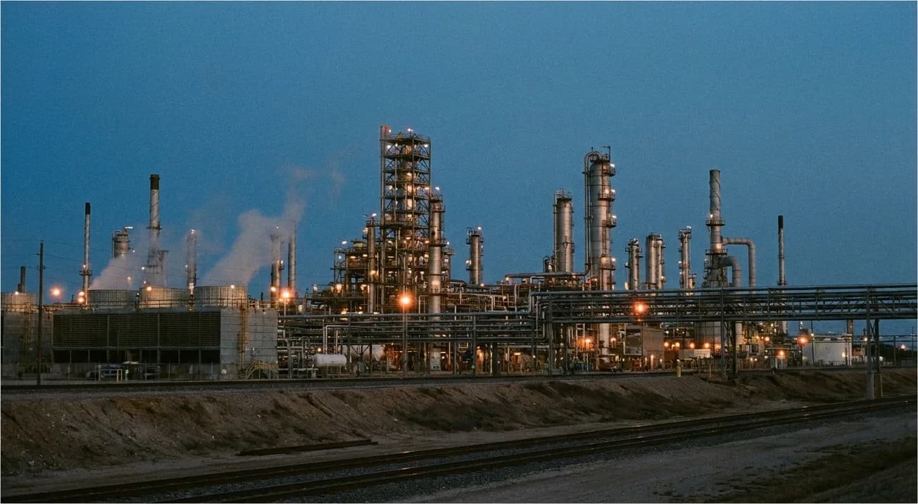 Rohrleitungen, Kolonnen und Rohrbrücken einer großen Chemieanlage im Abendlicht