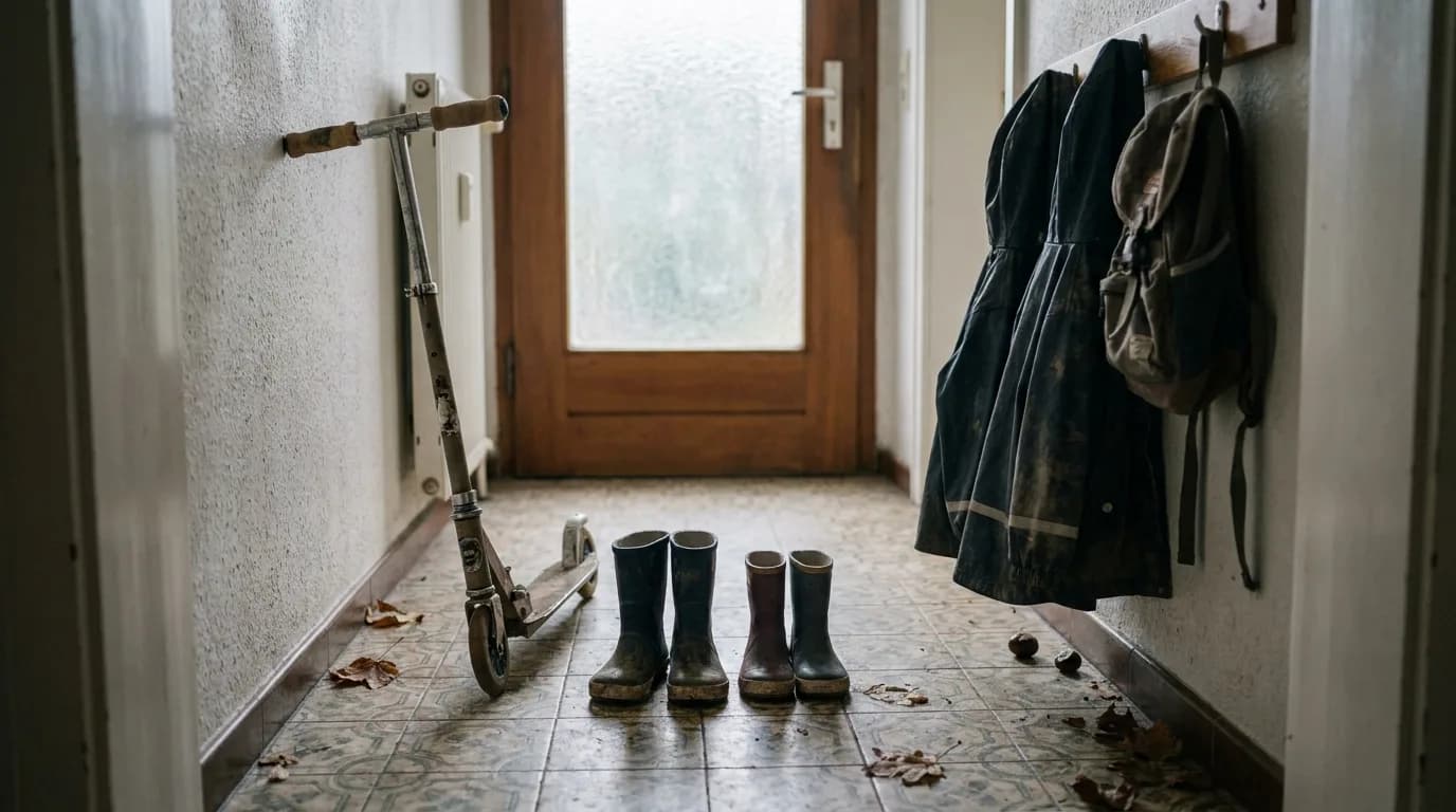 Gummistiefel, Regenjacken und ein Roller in einem Hausflur, draußen grauer Herbsttag