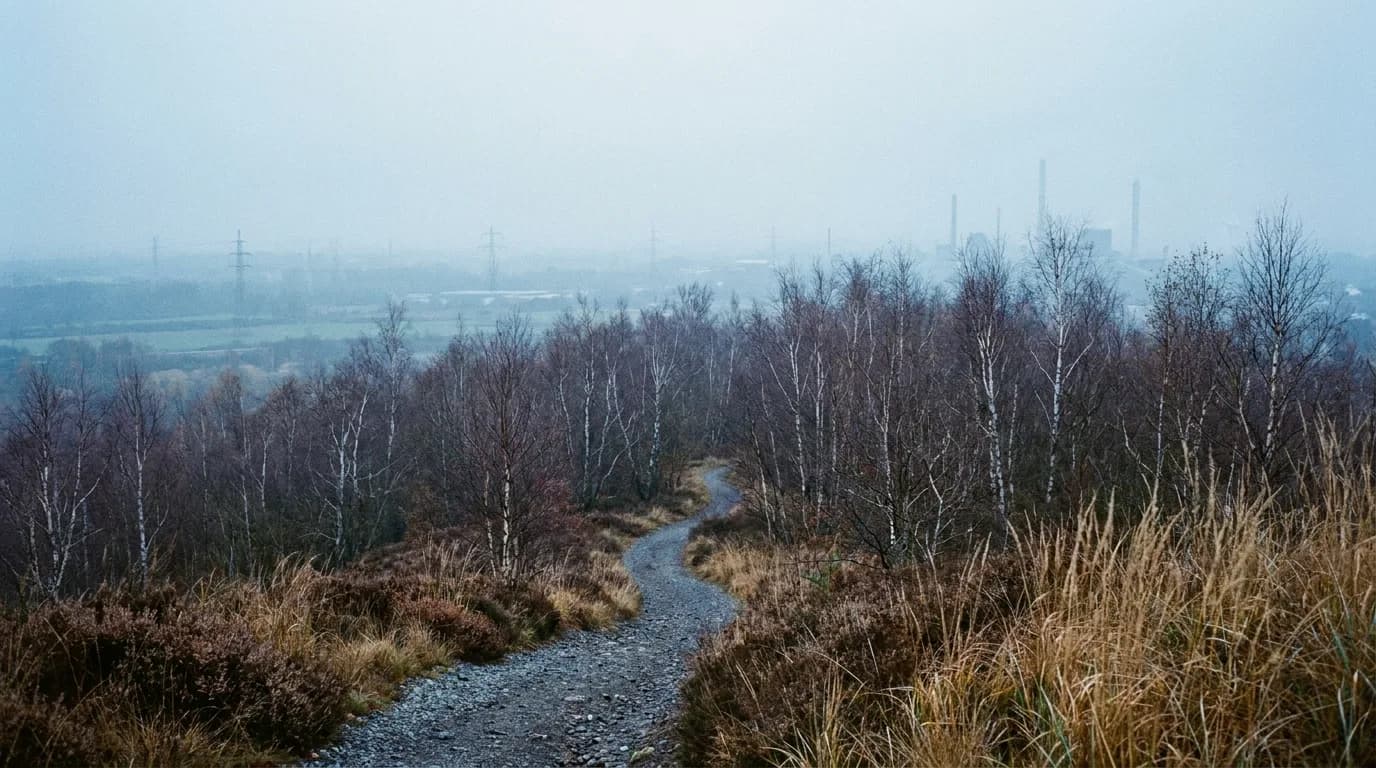 Kiesweg durch trockenes Gras und Birkengebüsch auf einer Halde, weiter Himmel über dem Ruhrgebiet
