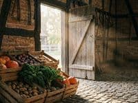 Holzkisten mit Kürbissen, Äpfeln und Grünkohl in der Durchfahrt einer Fachwerkscheune