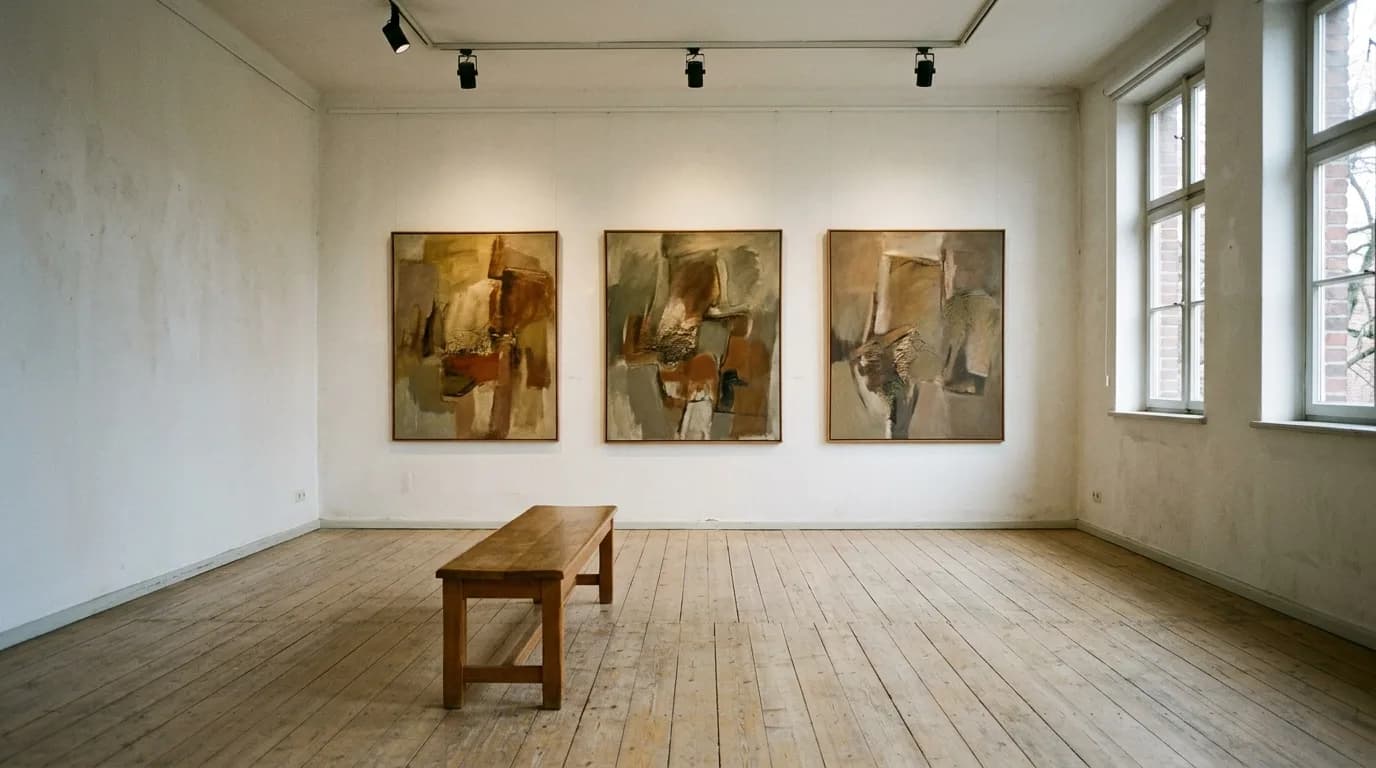 Leerer Ausstellungsraum mit hellen Wänden, Holzboden und drei großformatigen abstrakten Bildern