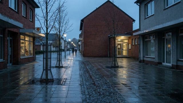 Regennasse Fußgängerzone einer Kleinstadt in der Dämmerung, erleuchtete Schaufenster und kahle Bäume