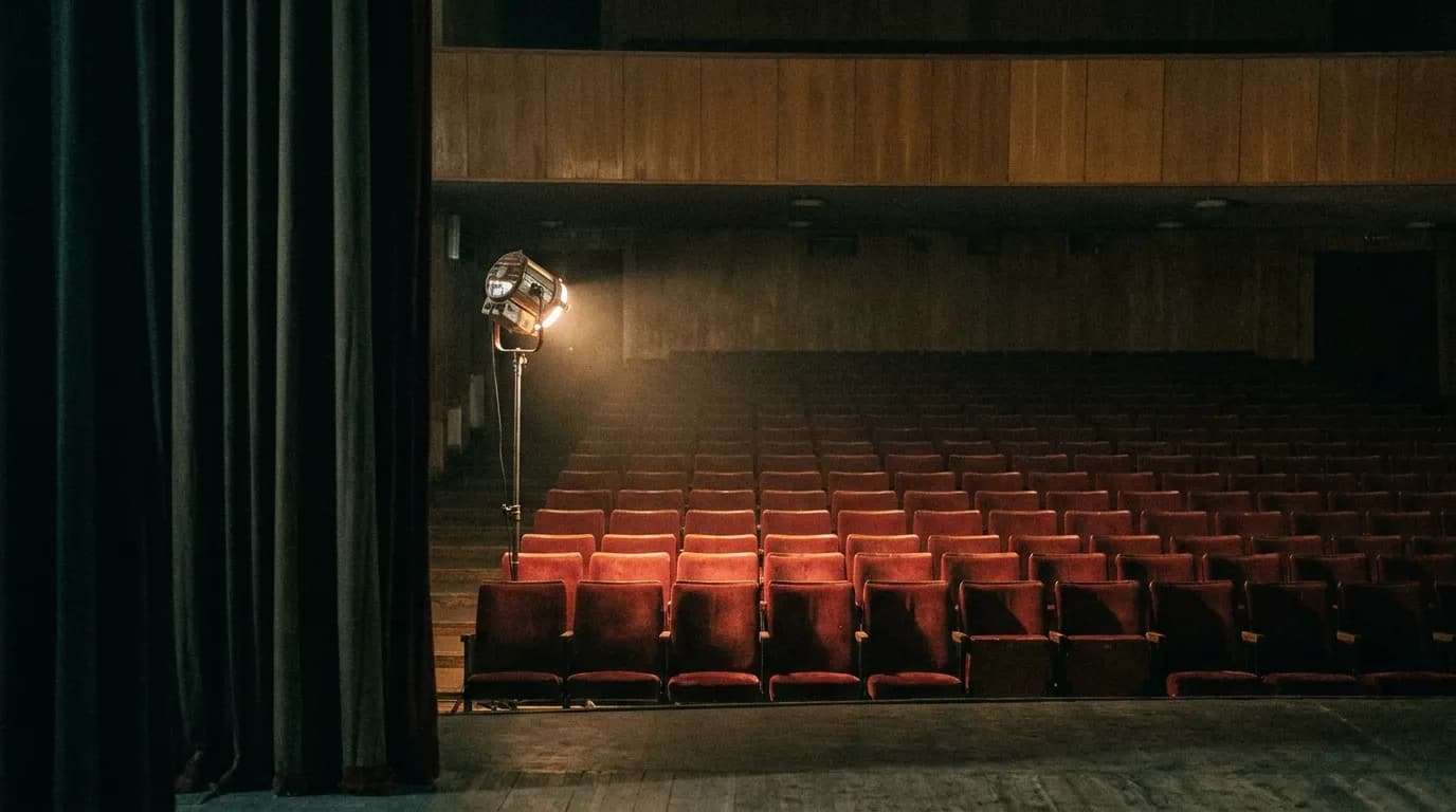 Leerer Zuschauerraum eines Theaters von der Bühne aus, rote Sitzreihen, eine einzelne Arbeitsleuchte