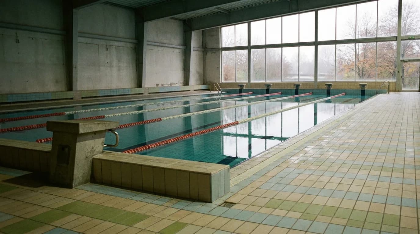 Leeres 25-Meter-Becken eines Hallenbads am Morgen, Leinen im Wasser, Fenster mit grauem Tageslicht