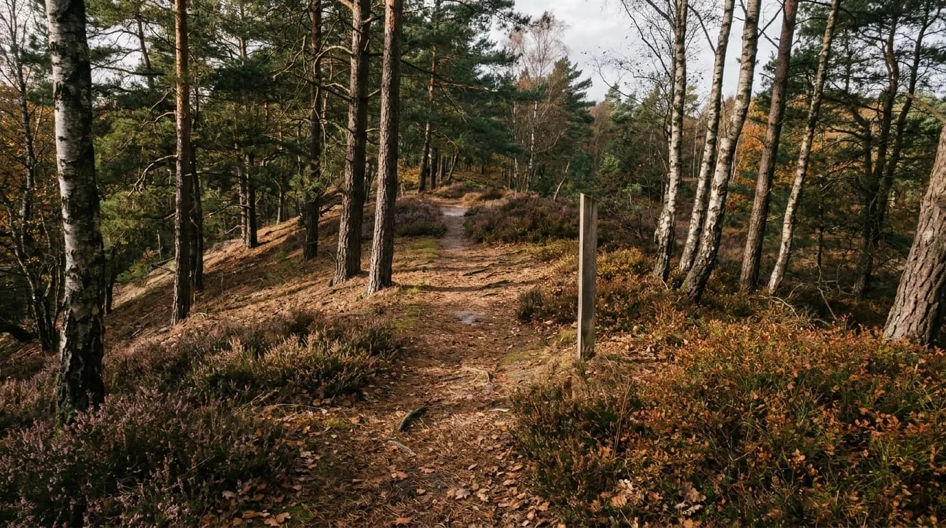 Schmaler Sandweg durch Kiefern und Birken, Heidekraut am Wegrand, tiefstehende Herbstsonne