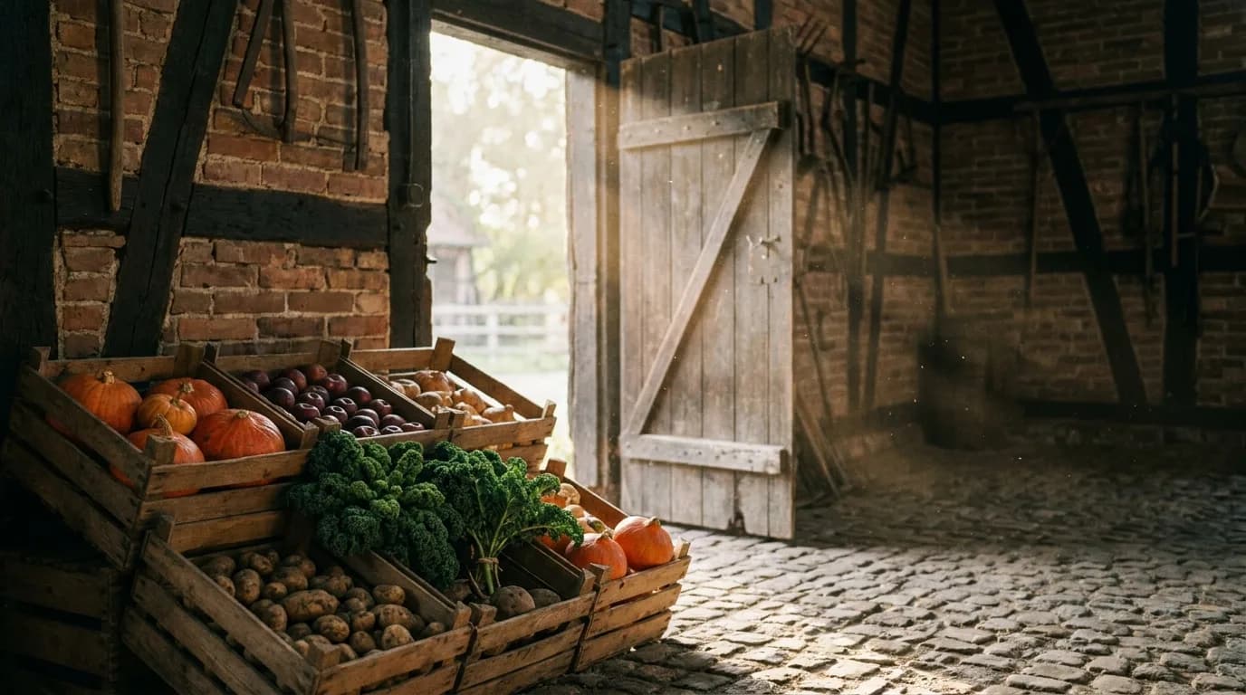 Holzkisten mit Kürbissen, Äpfeln und Grünkohl in der Durchfahrt einer Fachwerkscheune