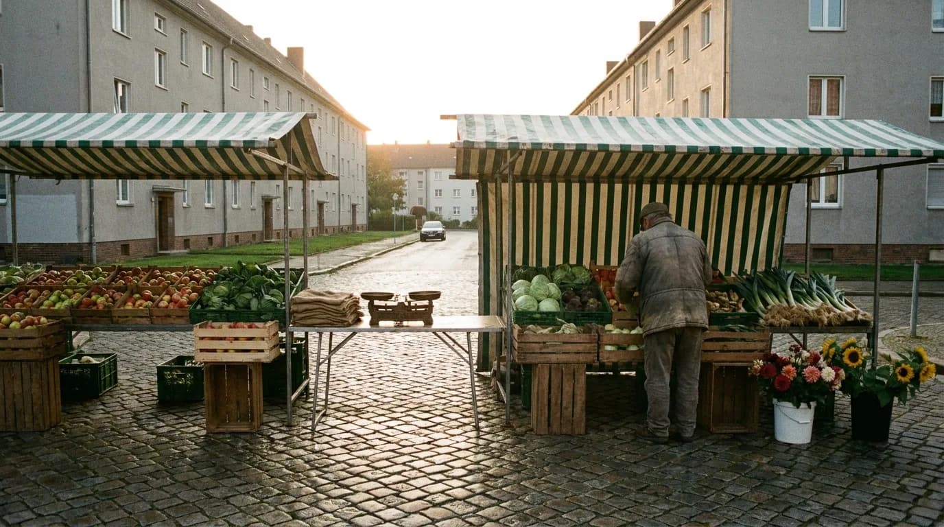 Zwei Marktstände mit gestreiften Planen, Kisten mit Äpfeln, Kohl und Blumen auf nassem Kopfsteinpflaster