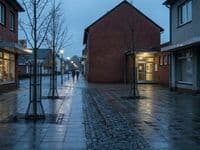 Regennasse Fußgängerzone einer Kleinstadt in der Dämmerung, erleuchtete Schaufenster und kahle Bäume